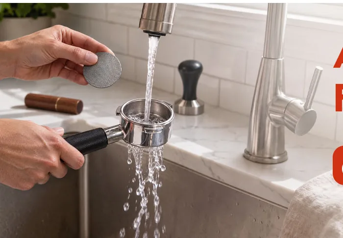 Rinsing the bottomless portafilter under the tap