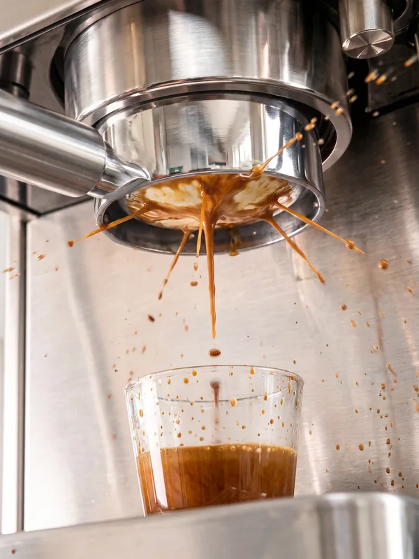 Channeling, shown as a problem: thin jets of espresso spraying sideways out of the bottom of a bottomless portafilter (illustration)