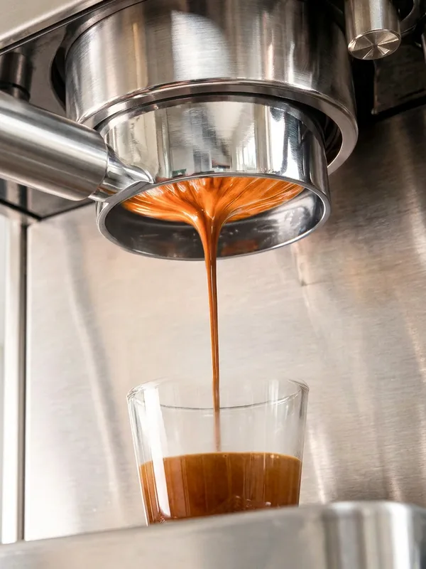A clean, even espresso stream flowing from the center of the COLSKEN bottomless portafilter into a glass
