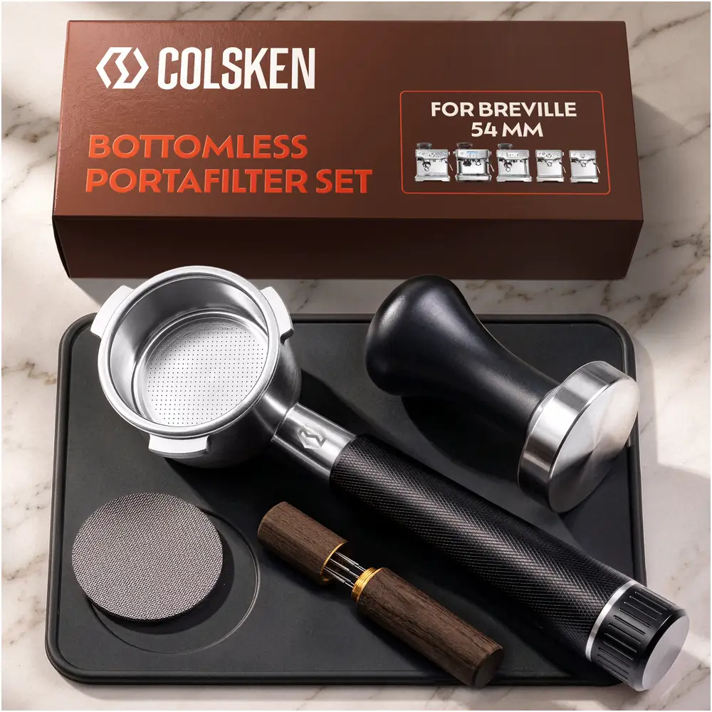 Top-down view of the COLSKEN 54mm aluminum-handle kit on marble: all five tools