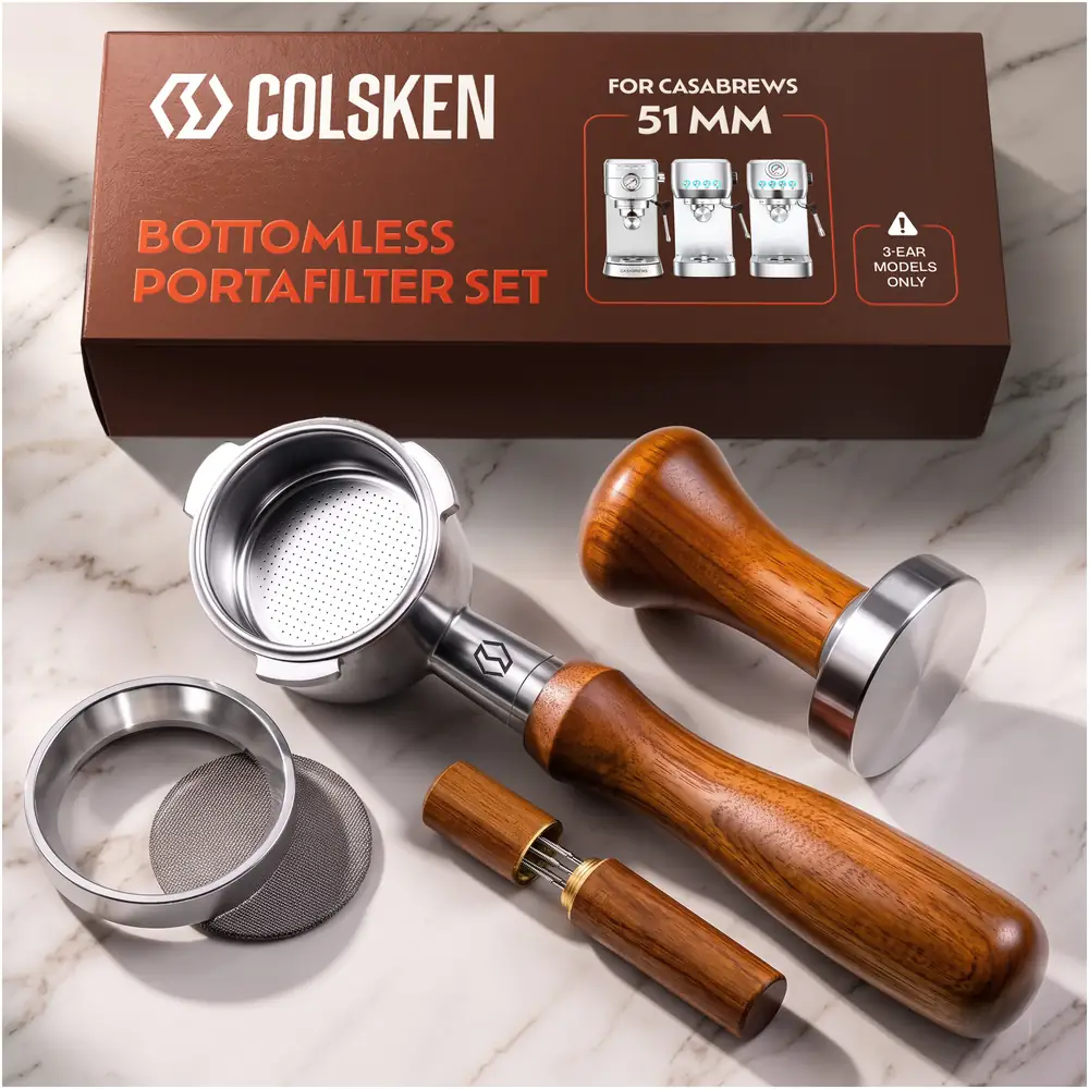 Top-down view of the COLSKEN 51mm wood-handle kit on marble: all five tools