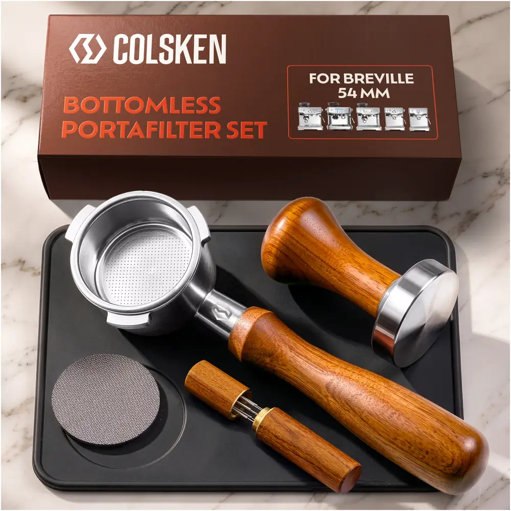 Top-down view of the COLSKEN 54mm wood-handle kit on marble: all five tools