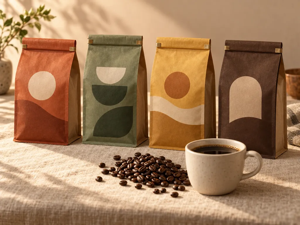 Four colorful bags of specialty coffee beans with a cup of black coffee