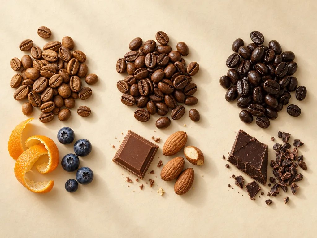 Light, medium and dark roasted coffee beans next to orange peel and blueberries, milk chocolate and almonds, and dark chocolate and cacao nibs